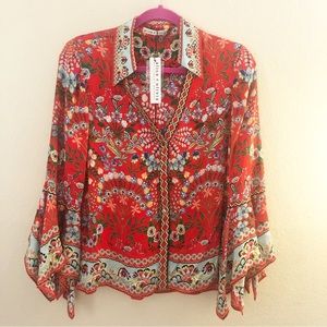 NWT Alice+Olivia Randa Trumpet Sleeve Blouse Bright Poppy Red Floral Size S